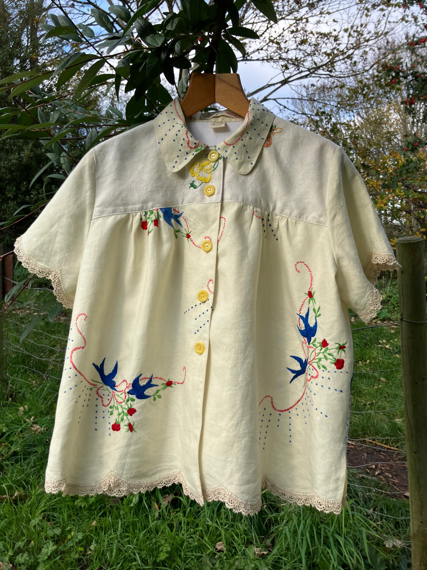 linen shirt made from vintage embroidered tablecloths