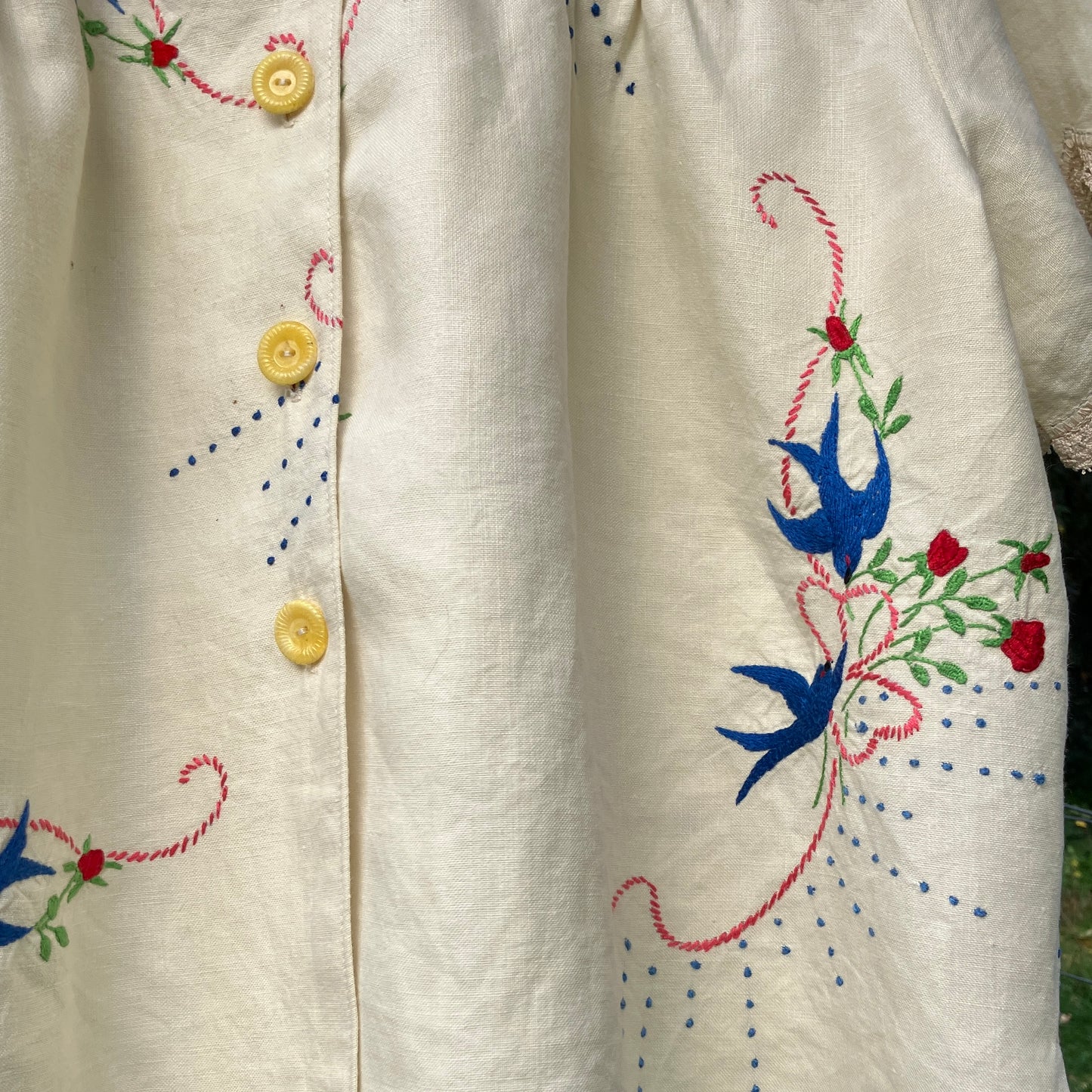Embroidered shirt with blue birds, red flowers, and yellow buttons on a beige background