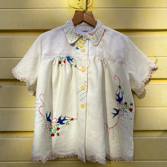 linen shirt made from vintage embroidered tablecloths