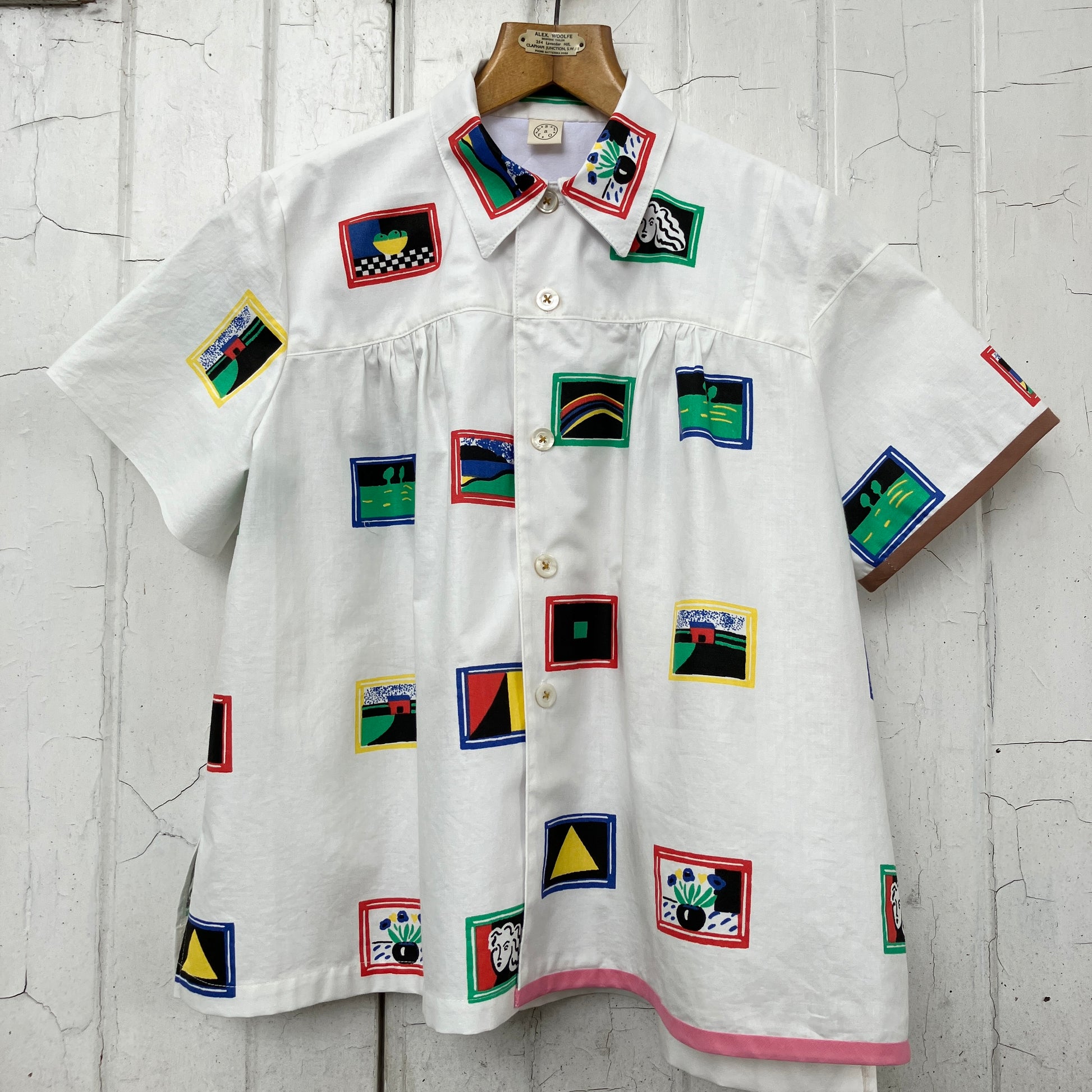 shirt made from 80s deadstock fabric with a print of tiny paintings in frames