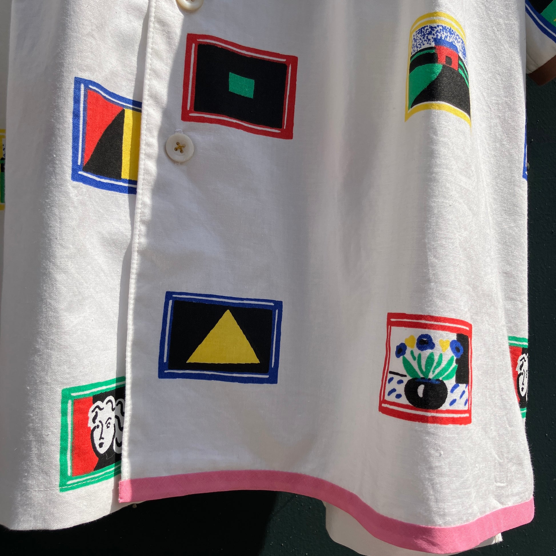 shirt made from 80s deadstock fabric with a print of tiny paintings in frames