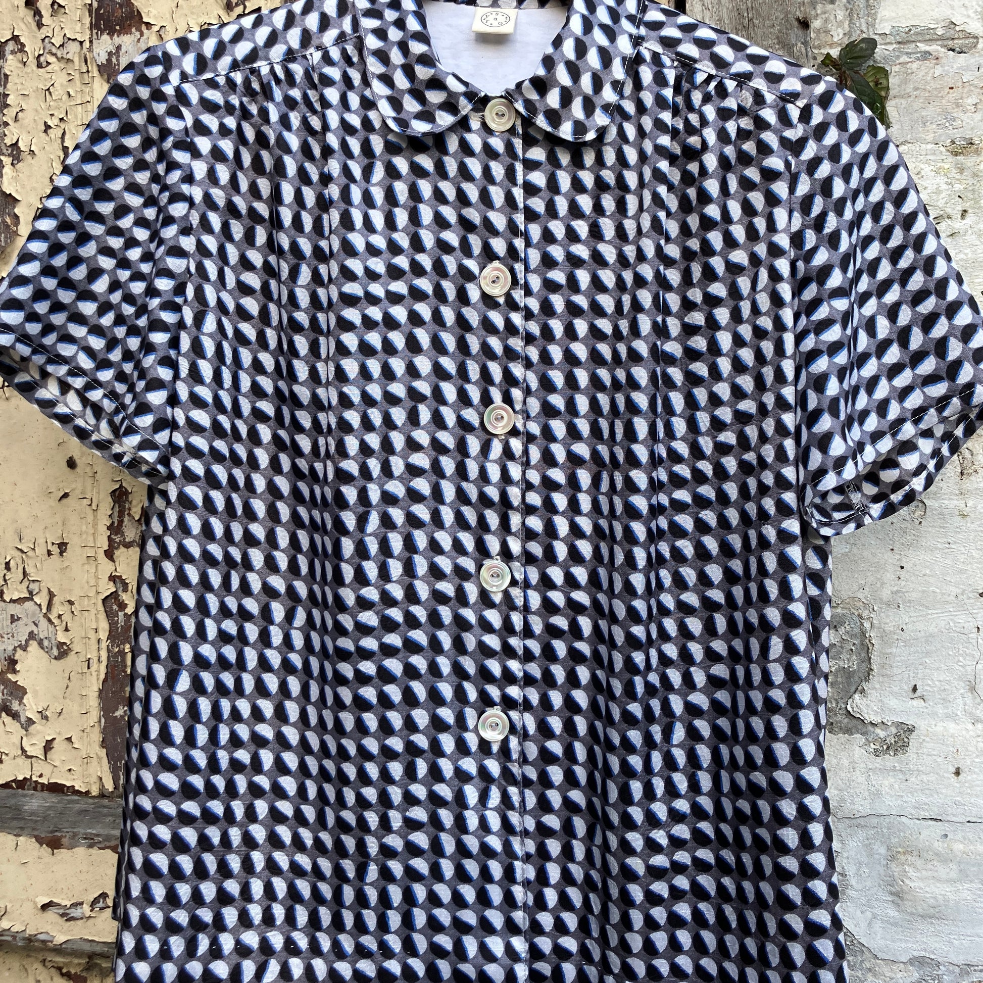 Geometric-print shirt made from reclaimed vintage fabric