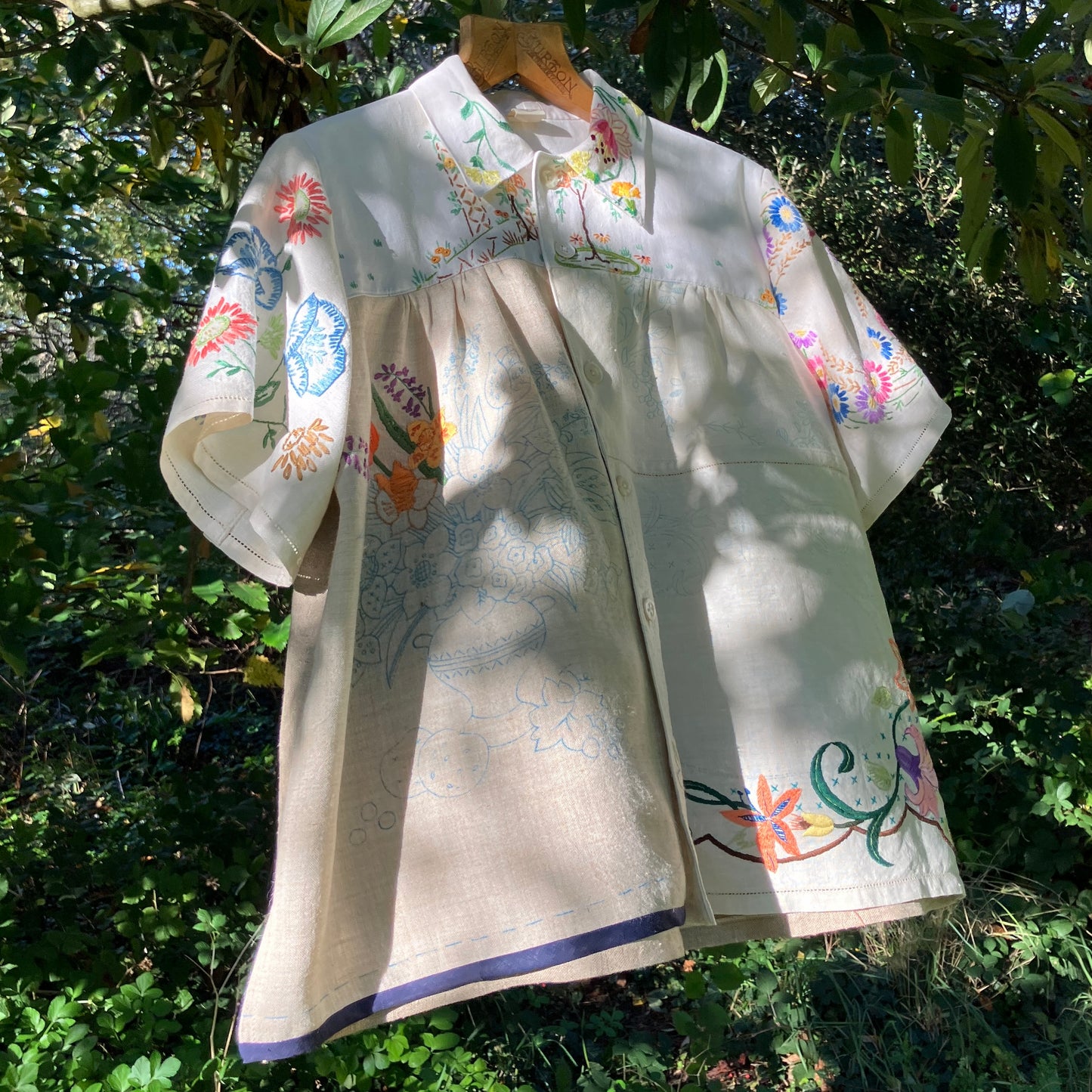 Part-embroidered linen tablecloth shirt