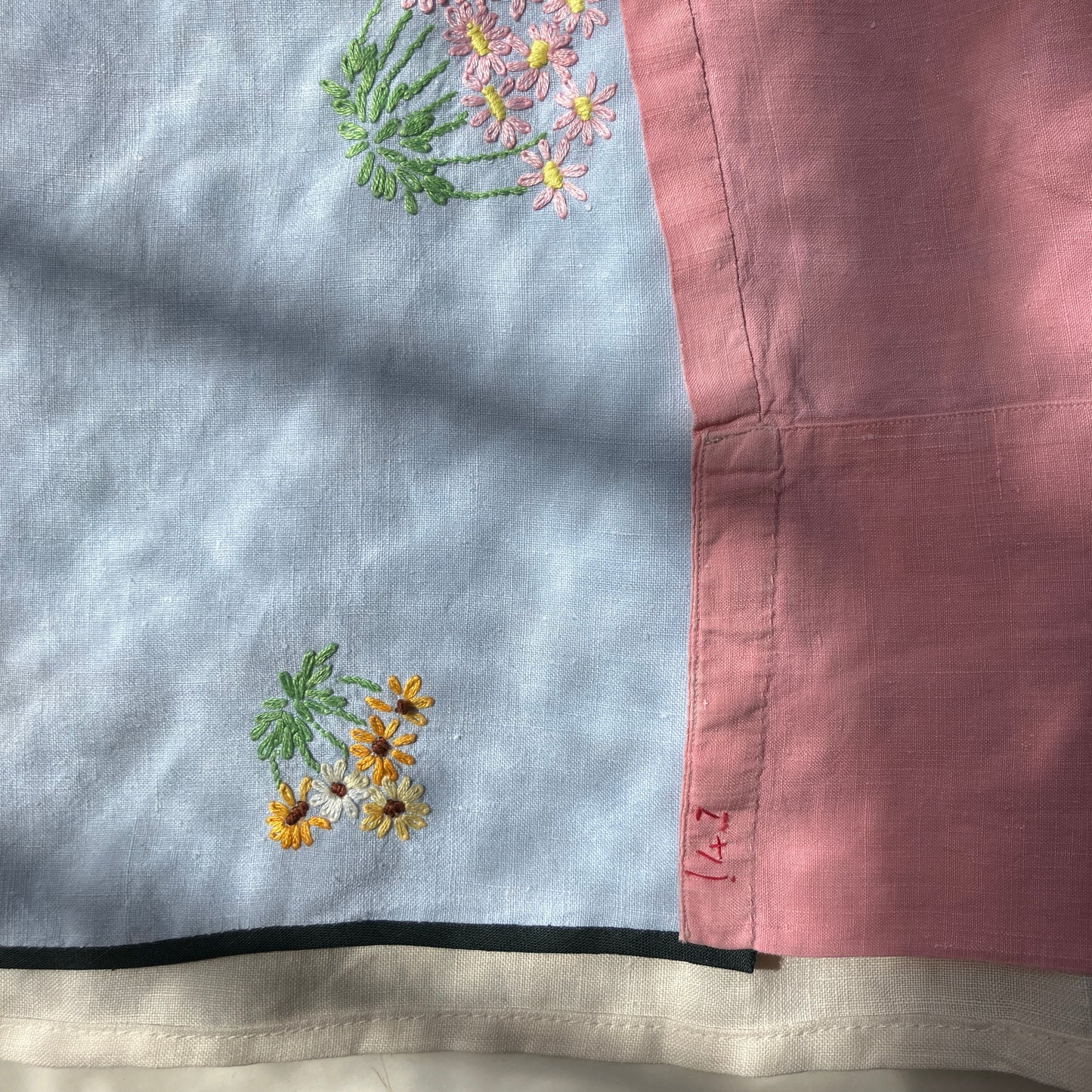 shirt made from a patchwork of recycled pastel coloured linen tablecloths