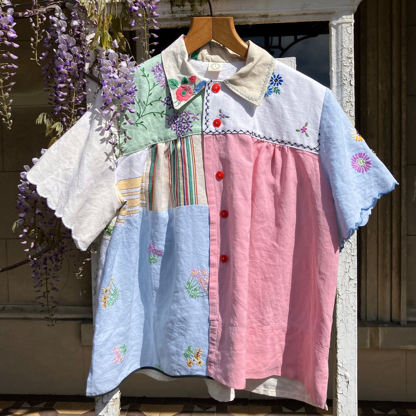 shirt made from a patchwork of recycled pastel coloured linen tablecloths