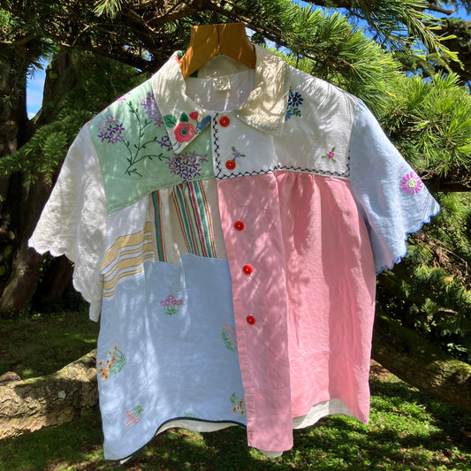 shirt made from a patchwork of recycled pastel coloured linen tablecloths