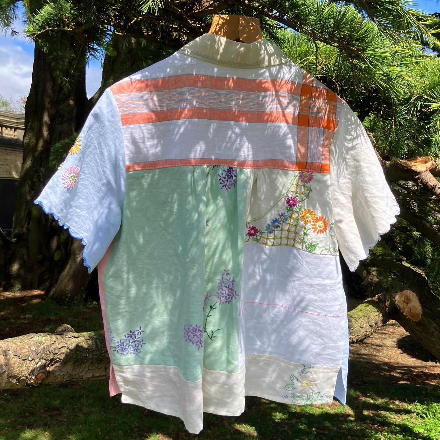 shirt made from a patchwork of recycled pastel coloured linen tablecloths