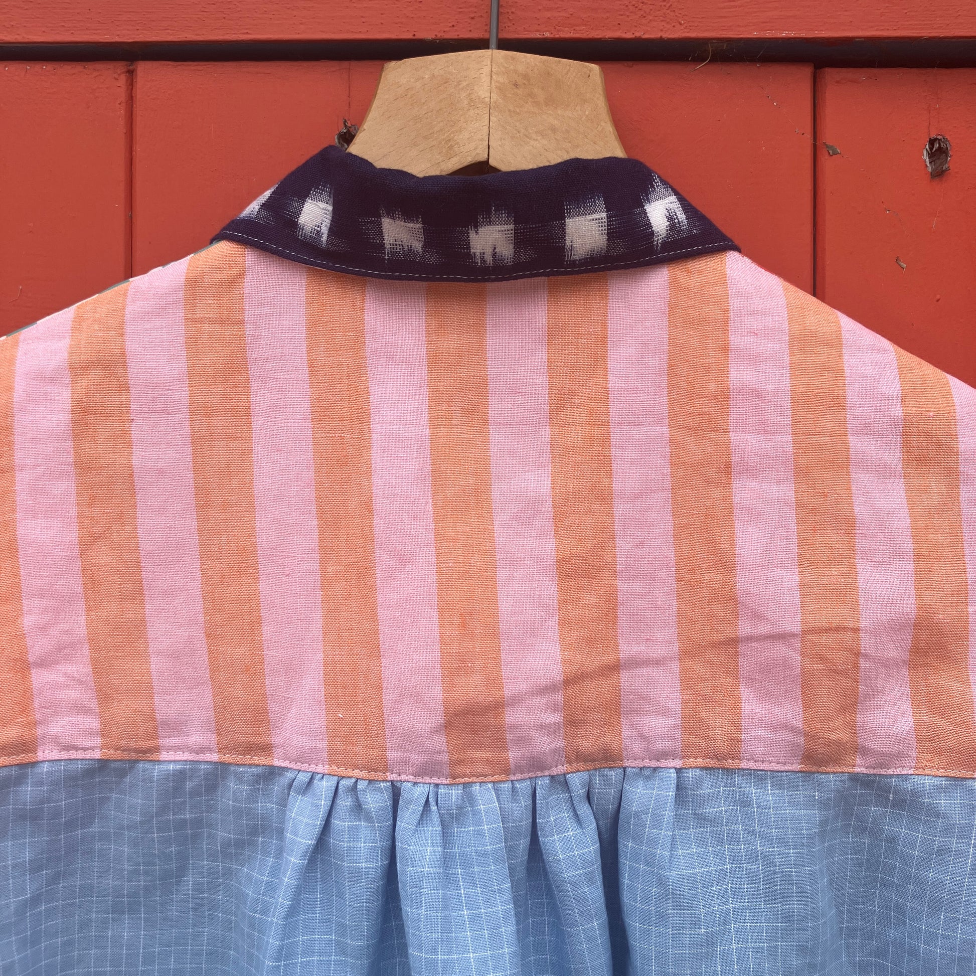 Multicoloured patchwork shirt made from a variety of checked and striped linen offcuts