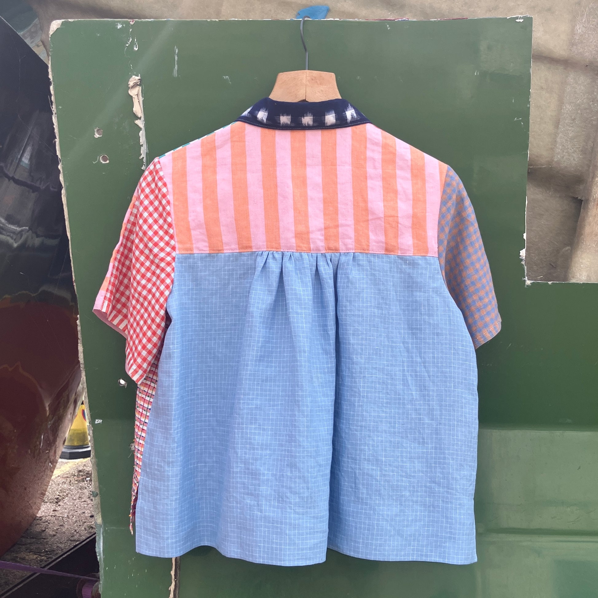 Multicoloured patchwork shirt made from a variety of checked and striped linen offcuts