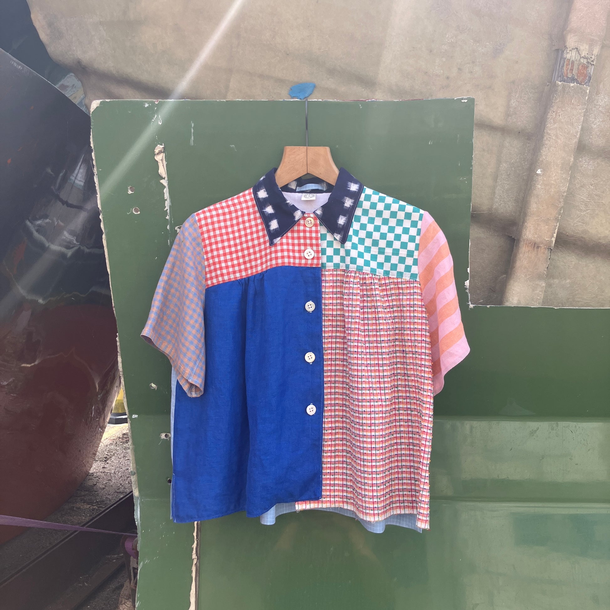 Multicoloured patchwork shirt made from a variety of checked and striped linen offcuts