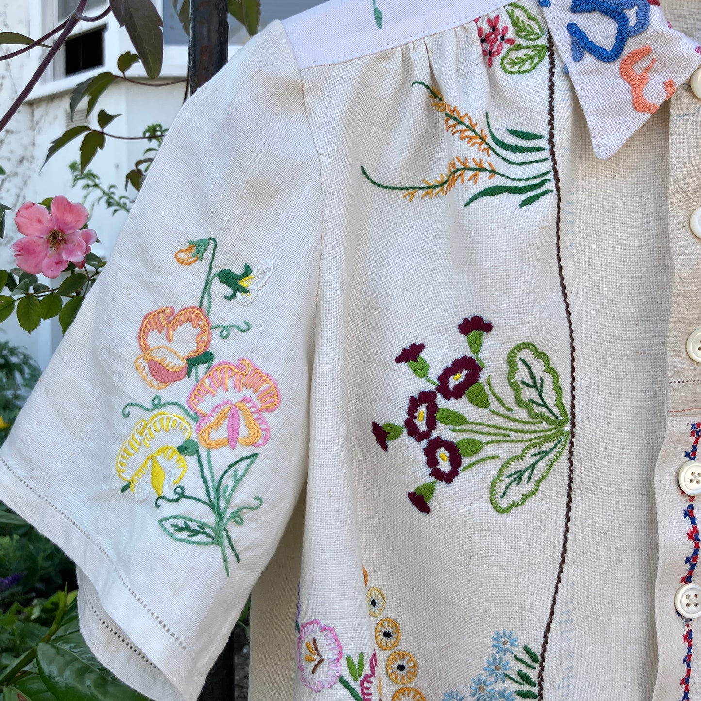 shirt made from a patchwork of reclaimed vintage linen tablecloths