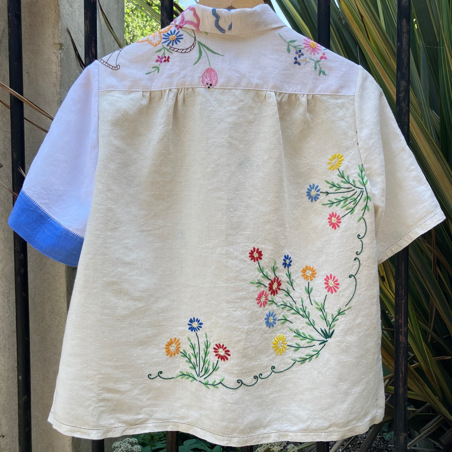 shirt made from a patchwork of reclaimed vintage linen tablecloths