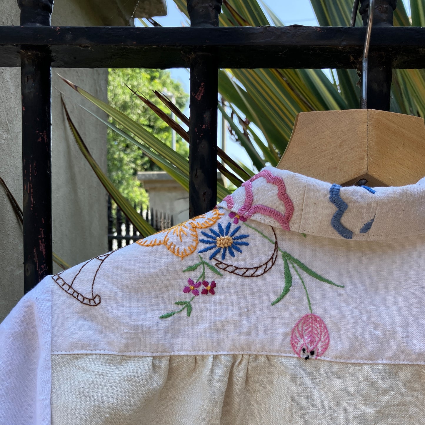 shirt made from a patchwork of reclaimed vintage linen tablecloths