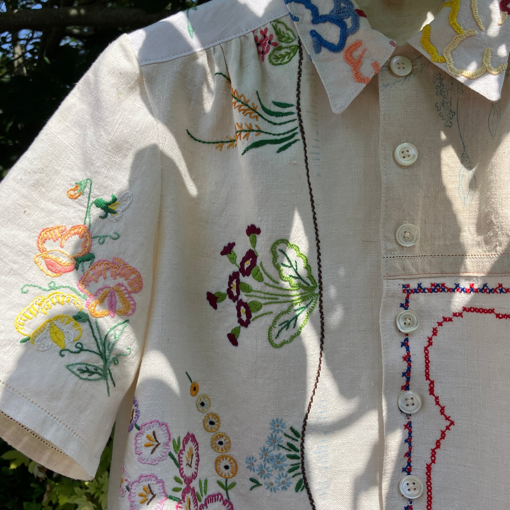 shirt made from a patchwork of reclaimed vintage linen tablecloths