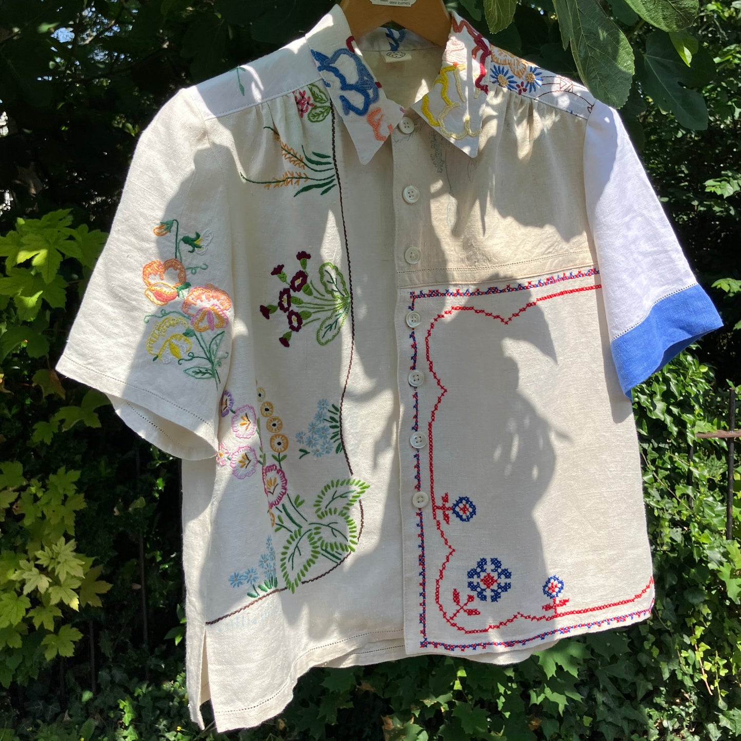 shirt made from a patchwork of reclaimed vintage linen tablecloths