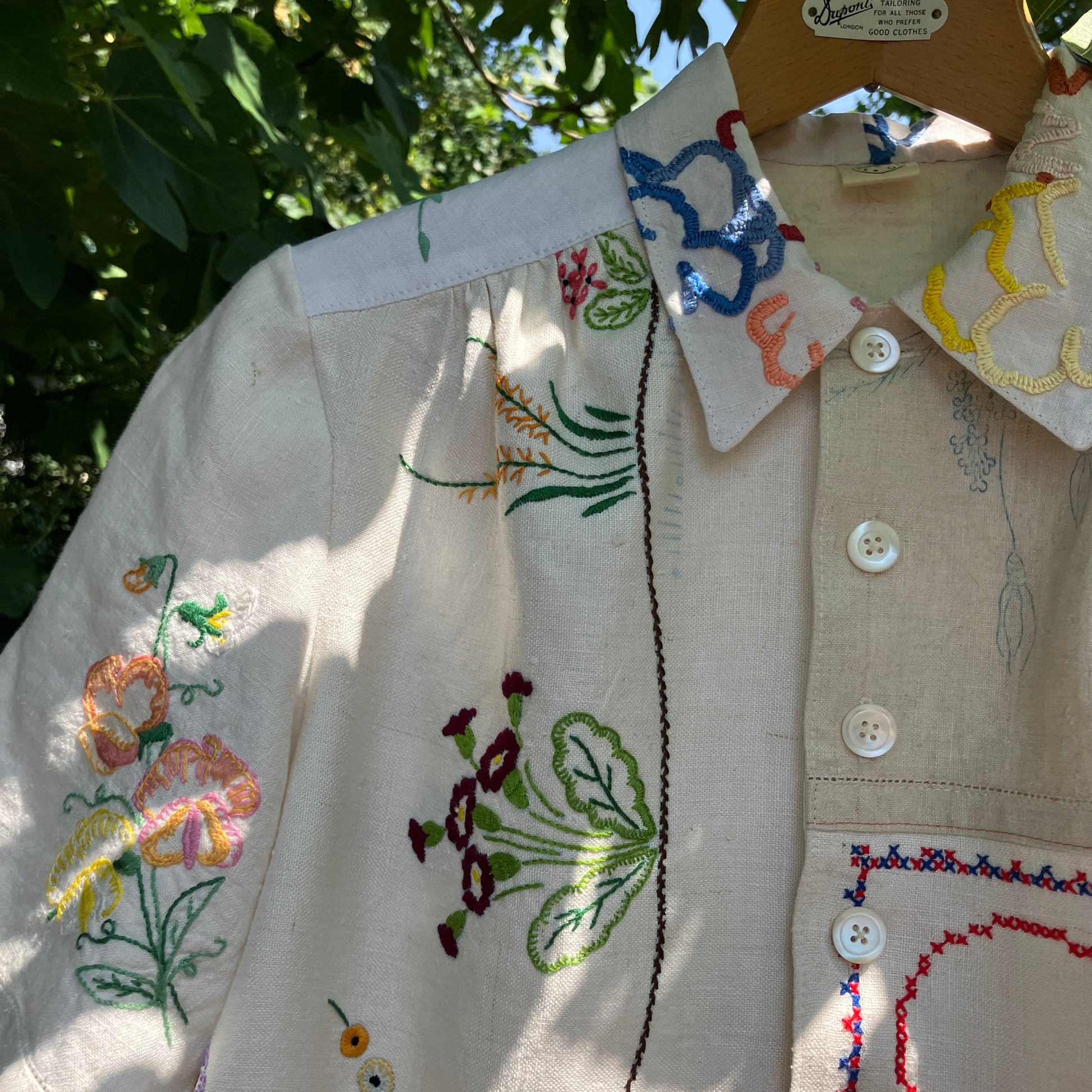 shirt made from a patchwork of reclaimed vintage linen tablecloths