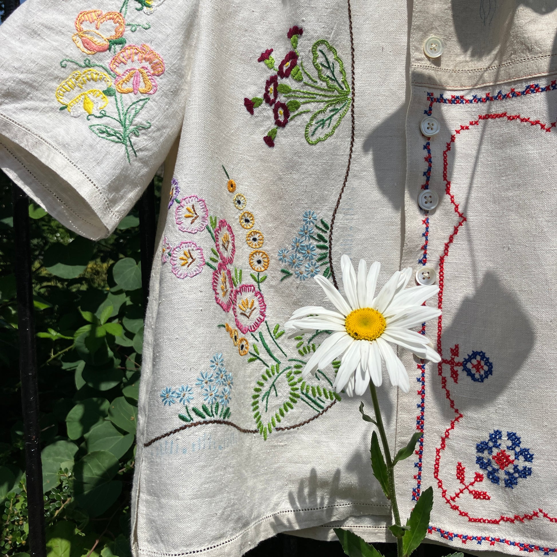 shirt made from a patchwork of reclaimed vintage linen tablecloths