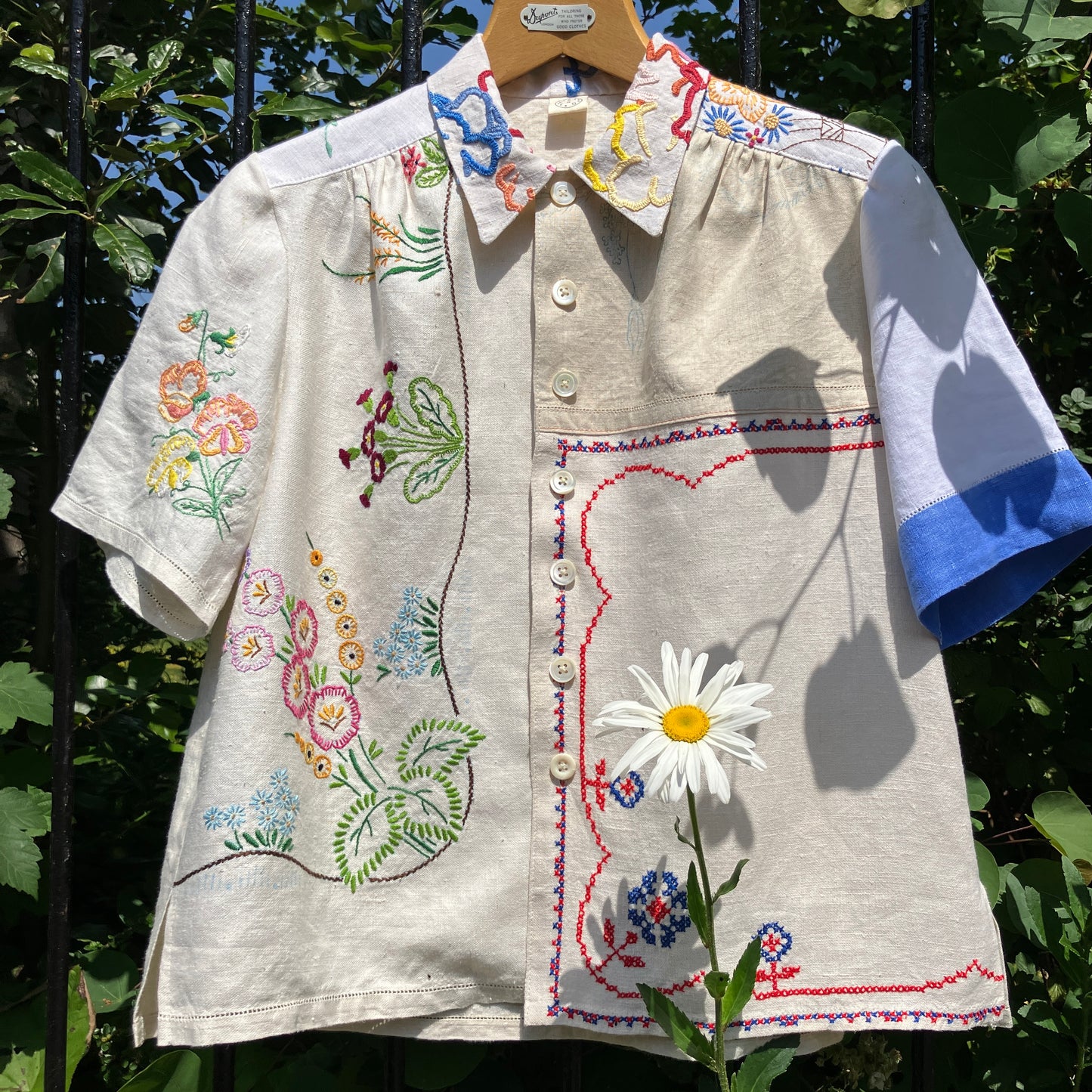 shirt made from a patchwork of reclaimed vintage linen tablecloths