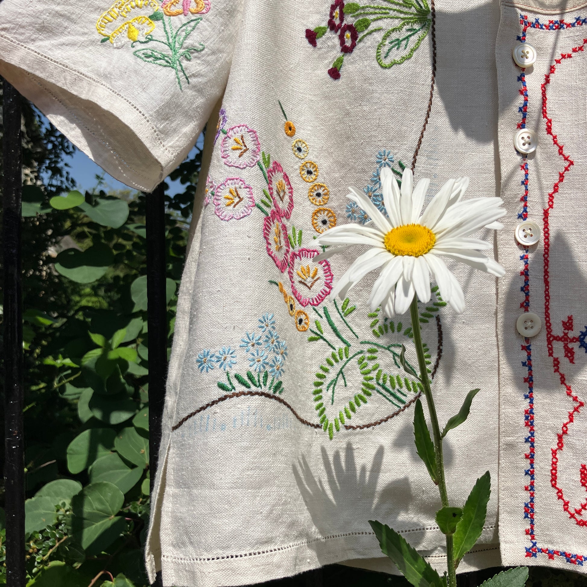 shirt made from a patchwork of reclaimed vintage linen tablecloths