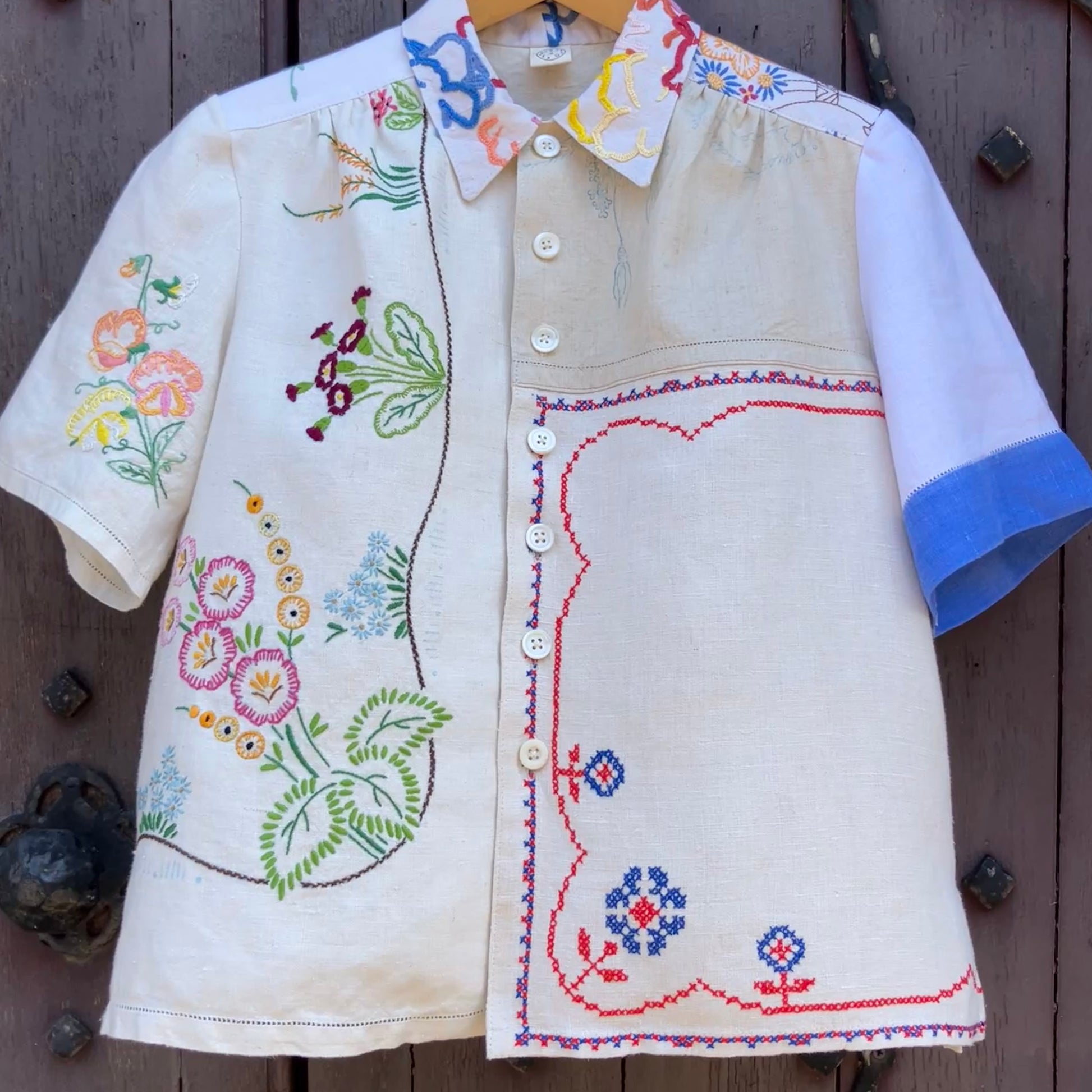 shirt made from a patchwork of reclaimed vintage linen tablecloths