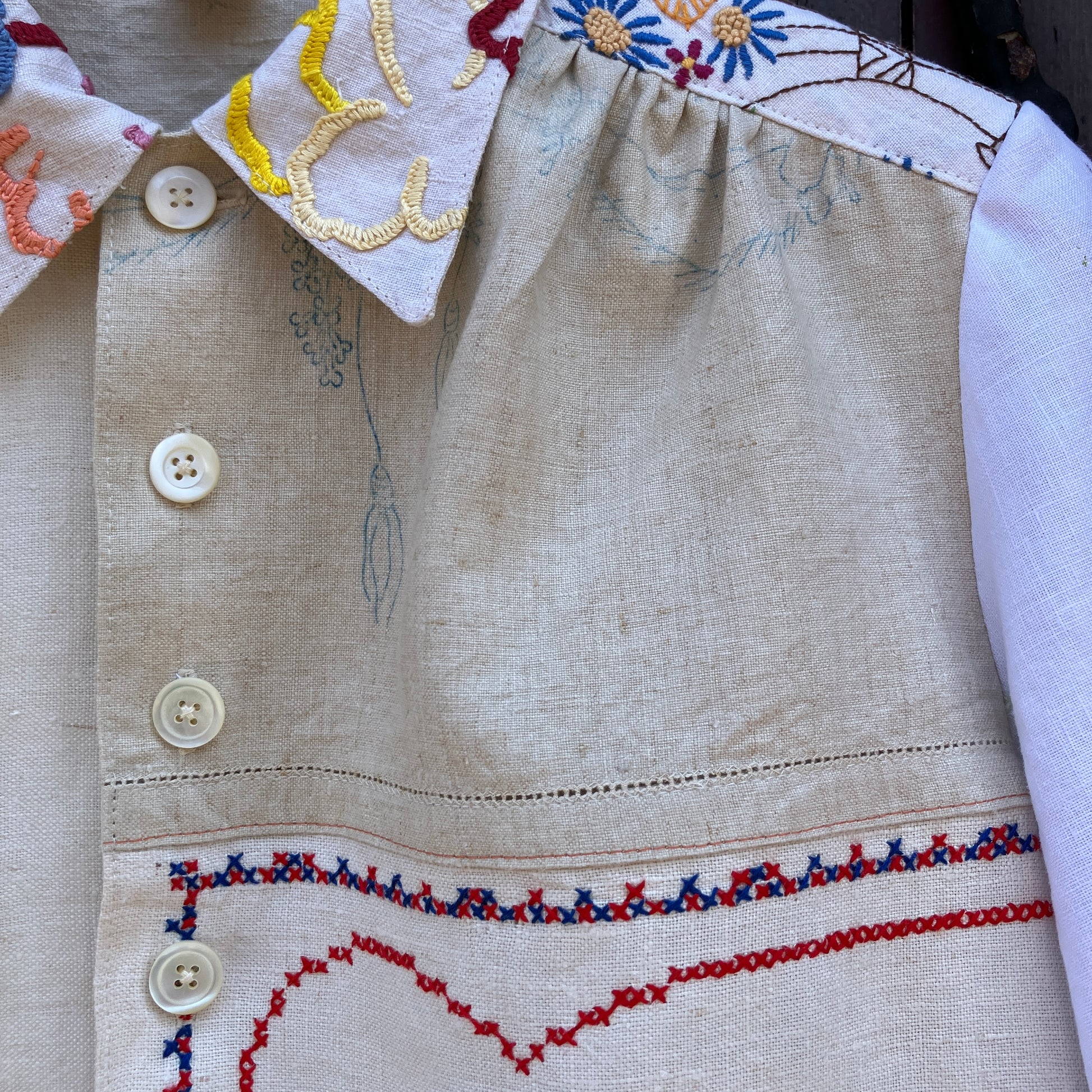 shirt made from a patchwork of reclaimed vintage linen tablecloths