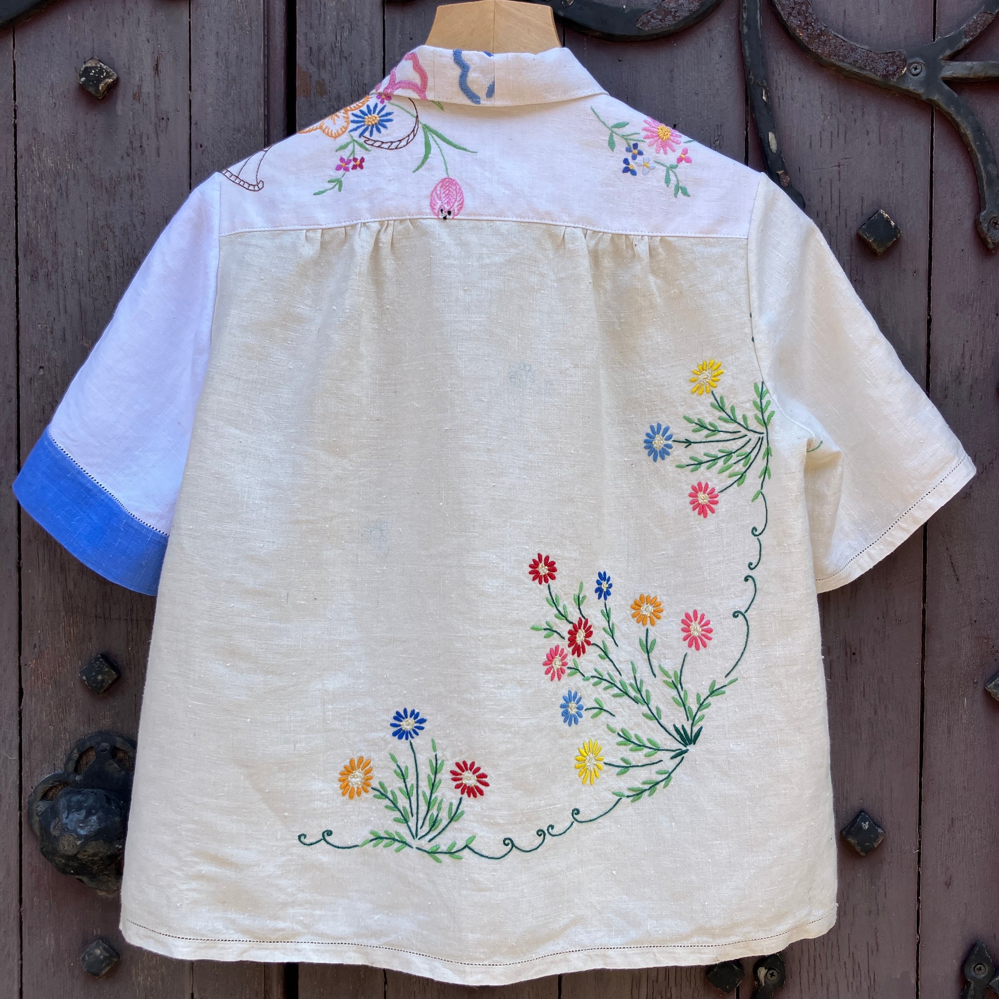 shirt made from a patchwork of reclaimed vintage linen tablecloths