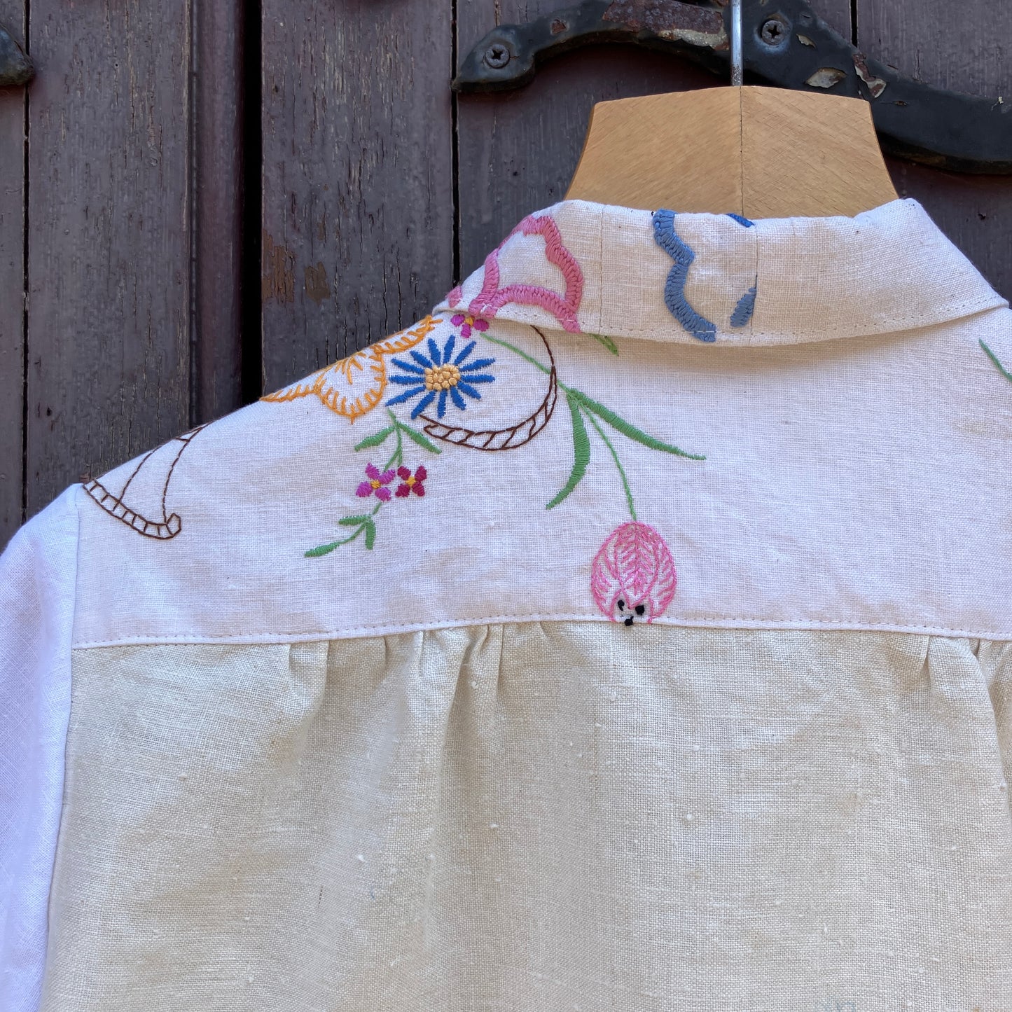 shirt made from a patchwork of reclaimed vintage linen tablecloths