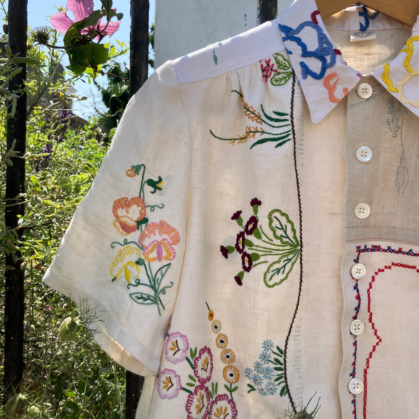 shirt made from a patchwork of reclaimed vintage linen tablecloths