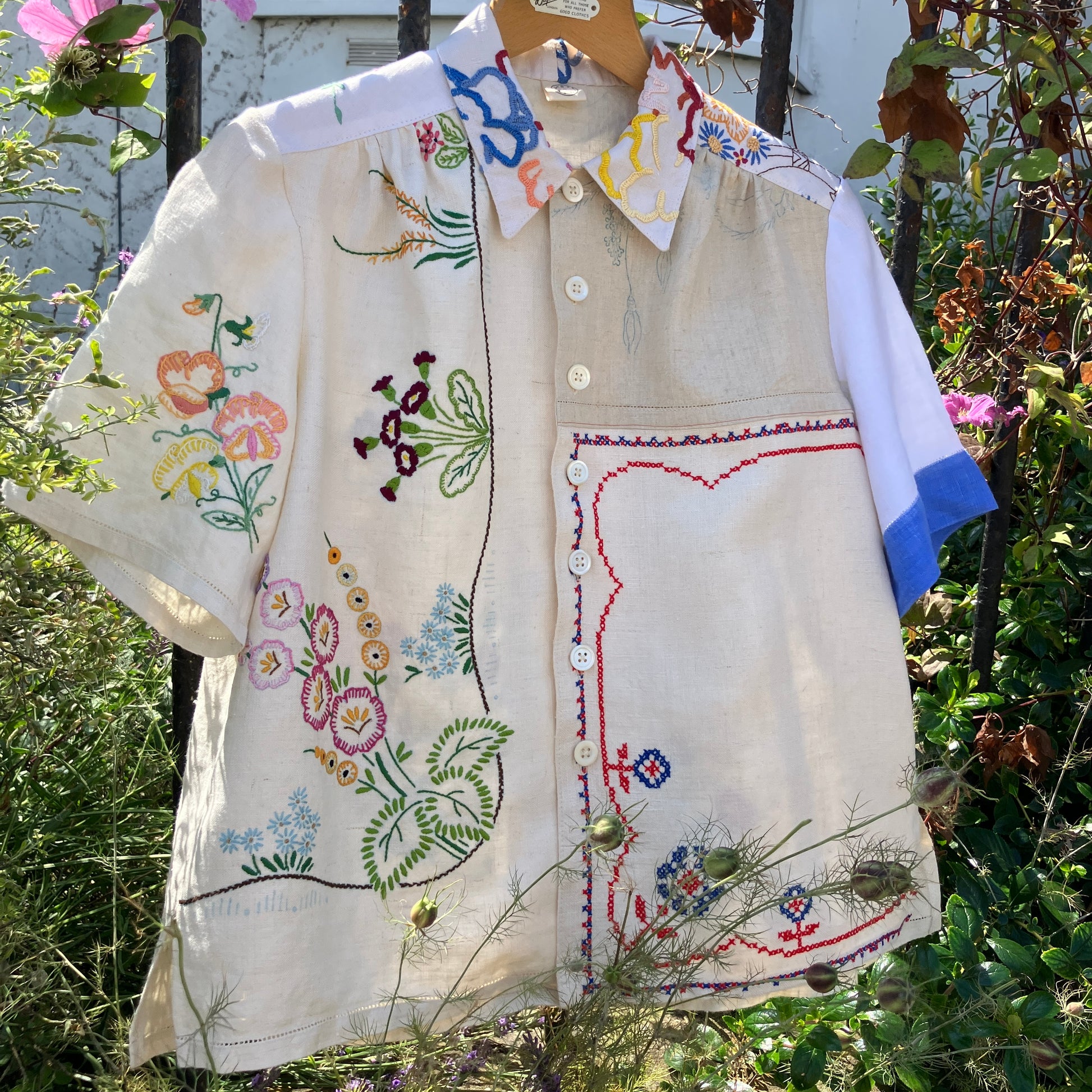 shirt made from a patchwork of reclaimed vintage linen tablecloths
