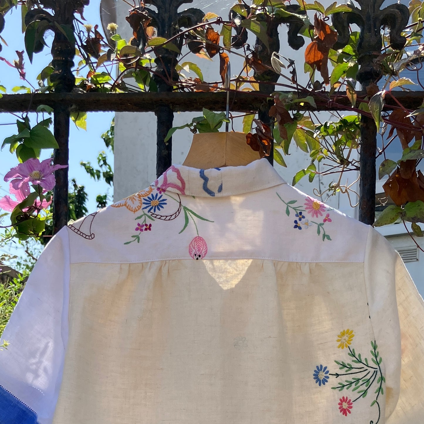 shirt made from a patchwork of reclaimed vintage linen tablecloths