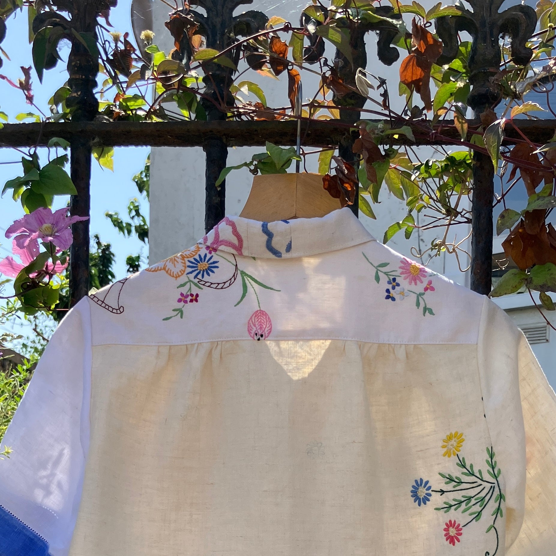shirt made from a patchwork of reclaimed vintage linen tablecloths