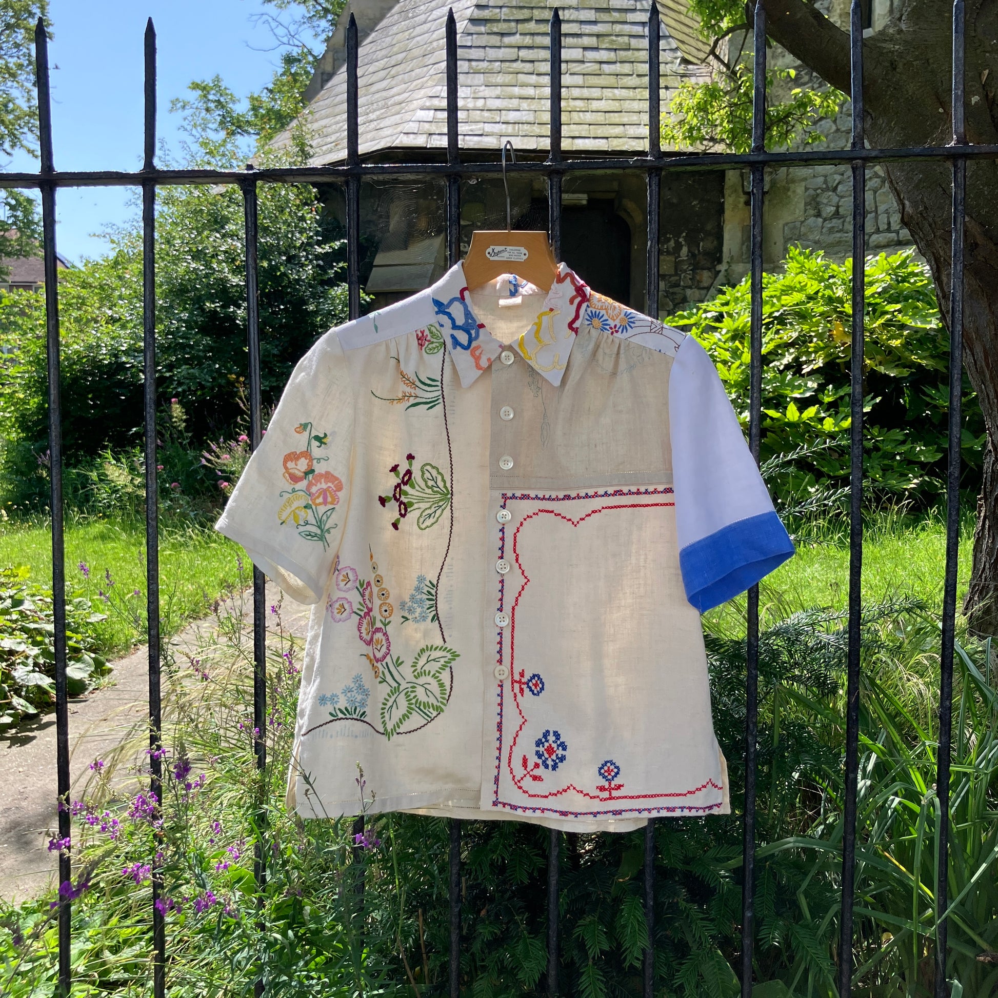 shirt made from a patchwork of reclaimed vintage linen tablecloths