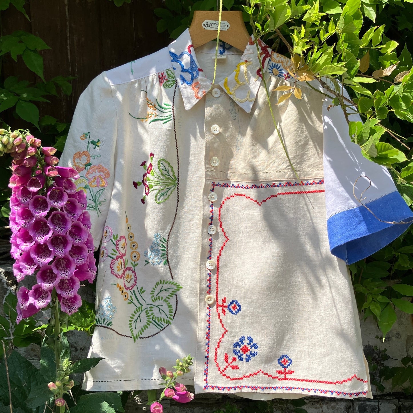shirt made from a patchwork of reclaimed vintage linen tablecloths