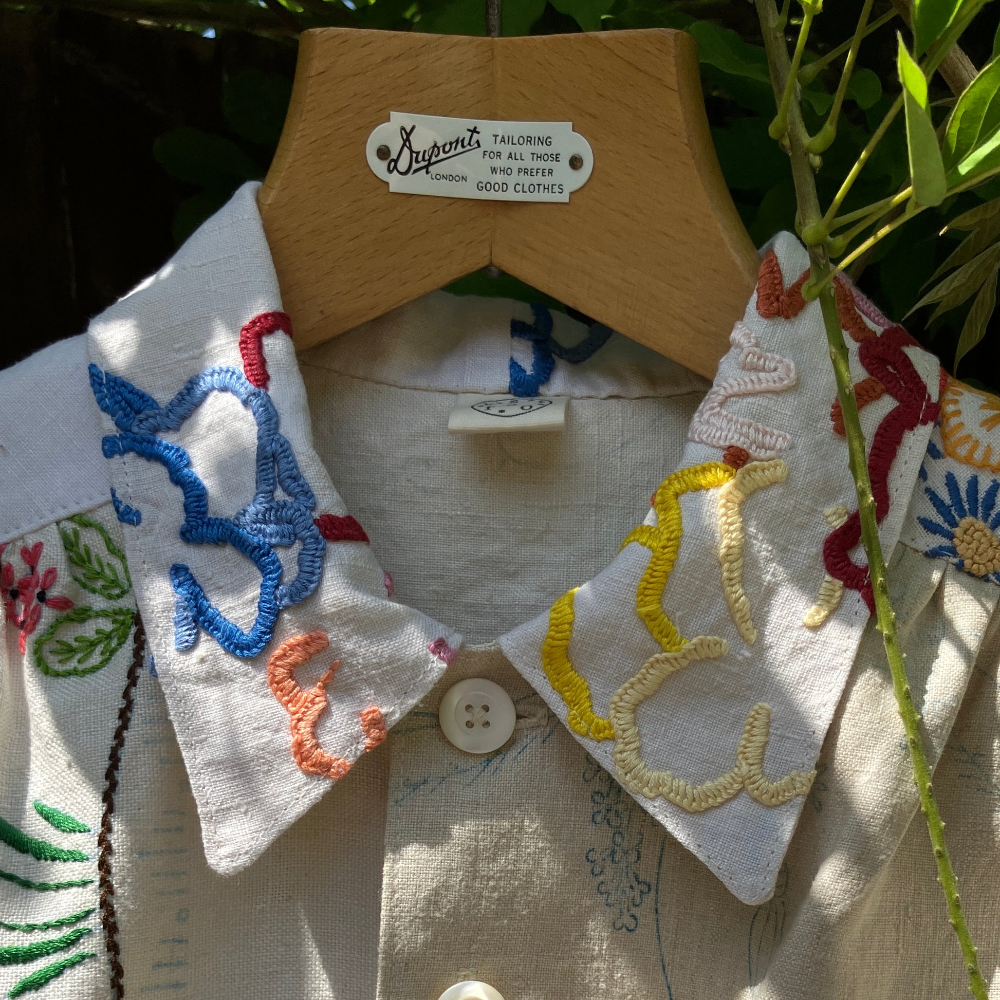 shirt made from a patchwork of reclaimed vintage linen tablecloths