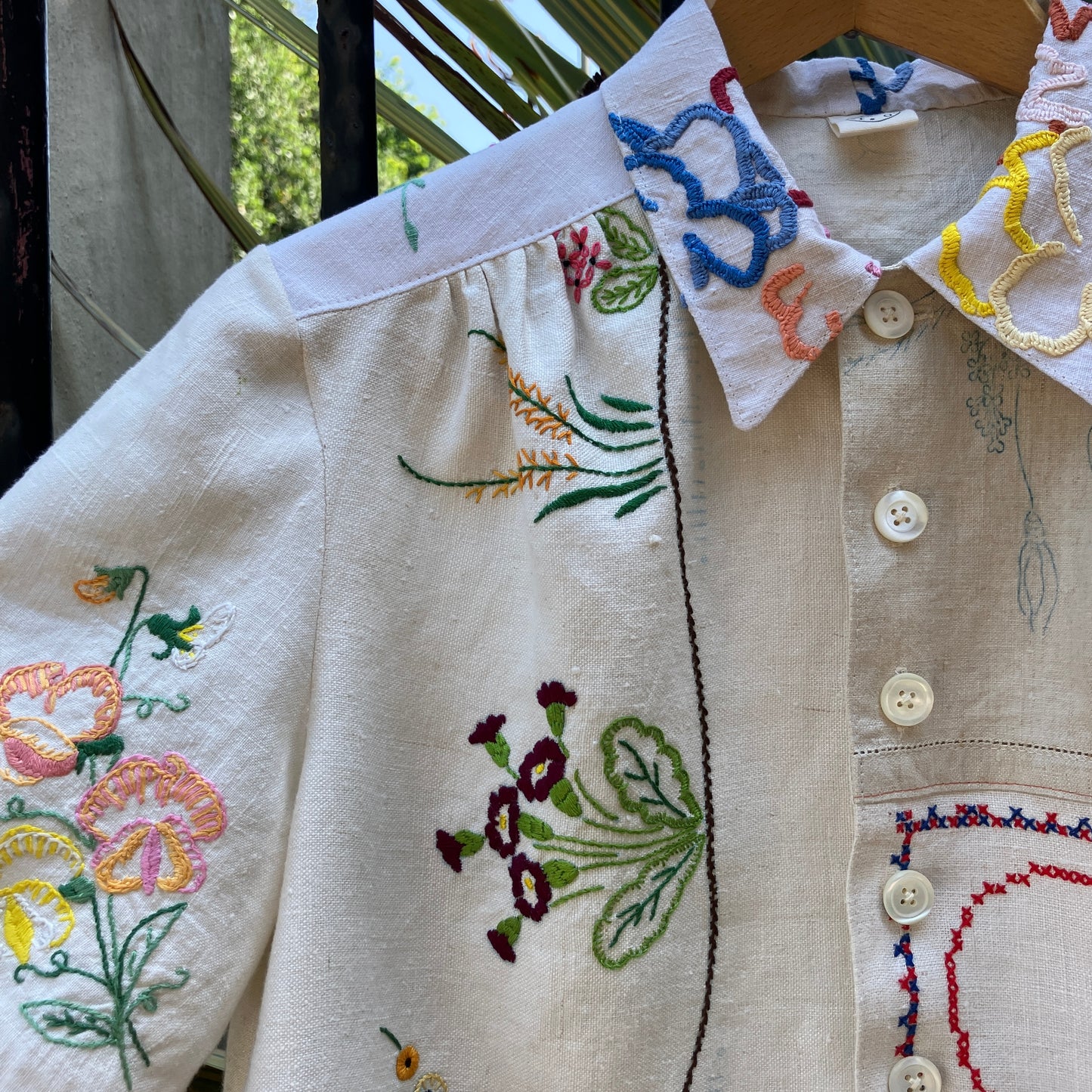 shirt made from a patchwork of reclaimed vintage linen tablecloths