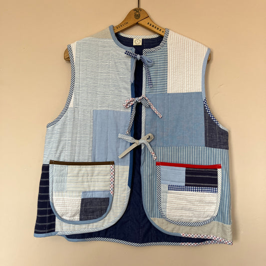 tie front quilted vest/waistcoat made from recycled men's cotton shirts in shades of blue