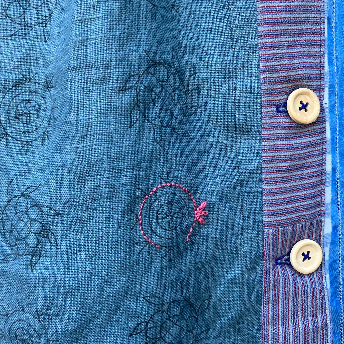 blue linen patchwork smock top with reclaimed wooden buttons
