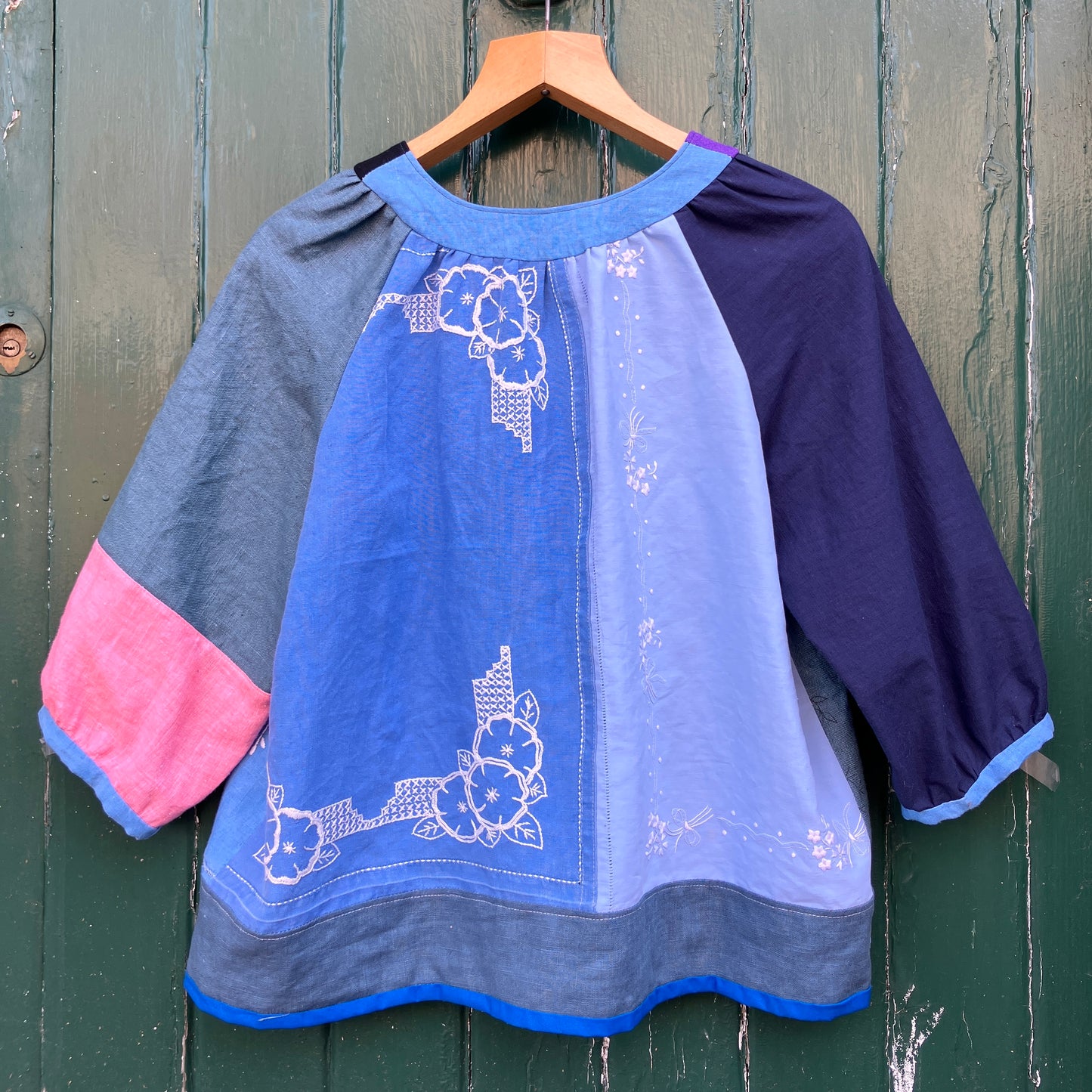 blue linen patchwork smock top with reclaimed wooden buttons