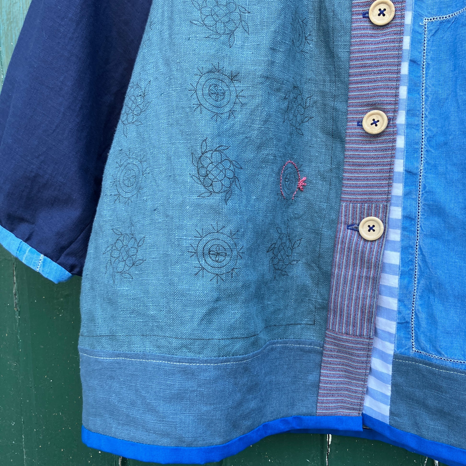 blue linen patchwork smock top with reclaimed wooden buttons