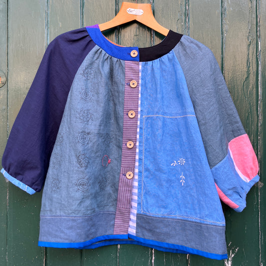 blue linen patchwork smock top with reclaimed wooden buttons