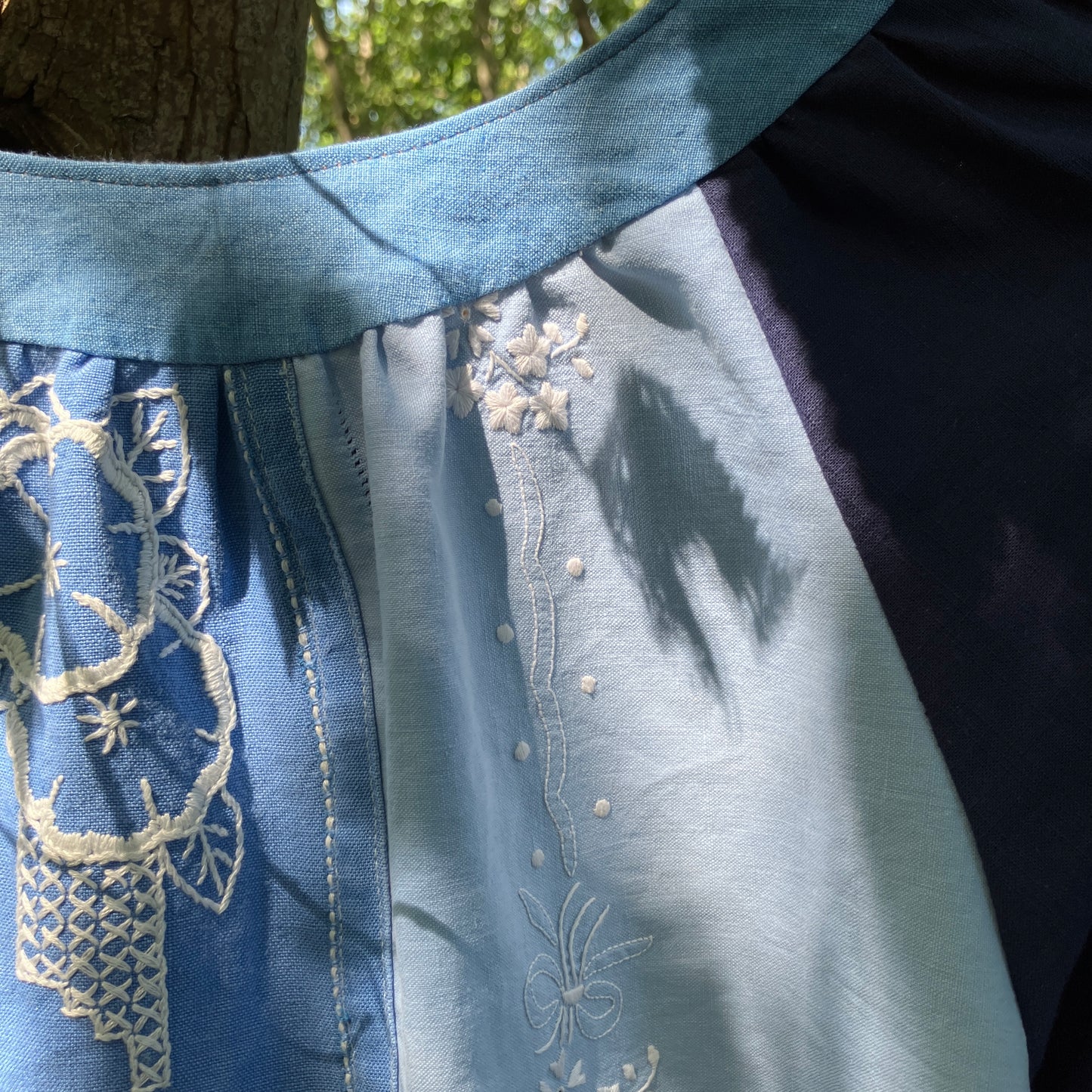 blue linen patchwork smock top with reclaimed wooden buttons