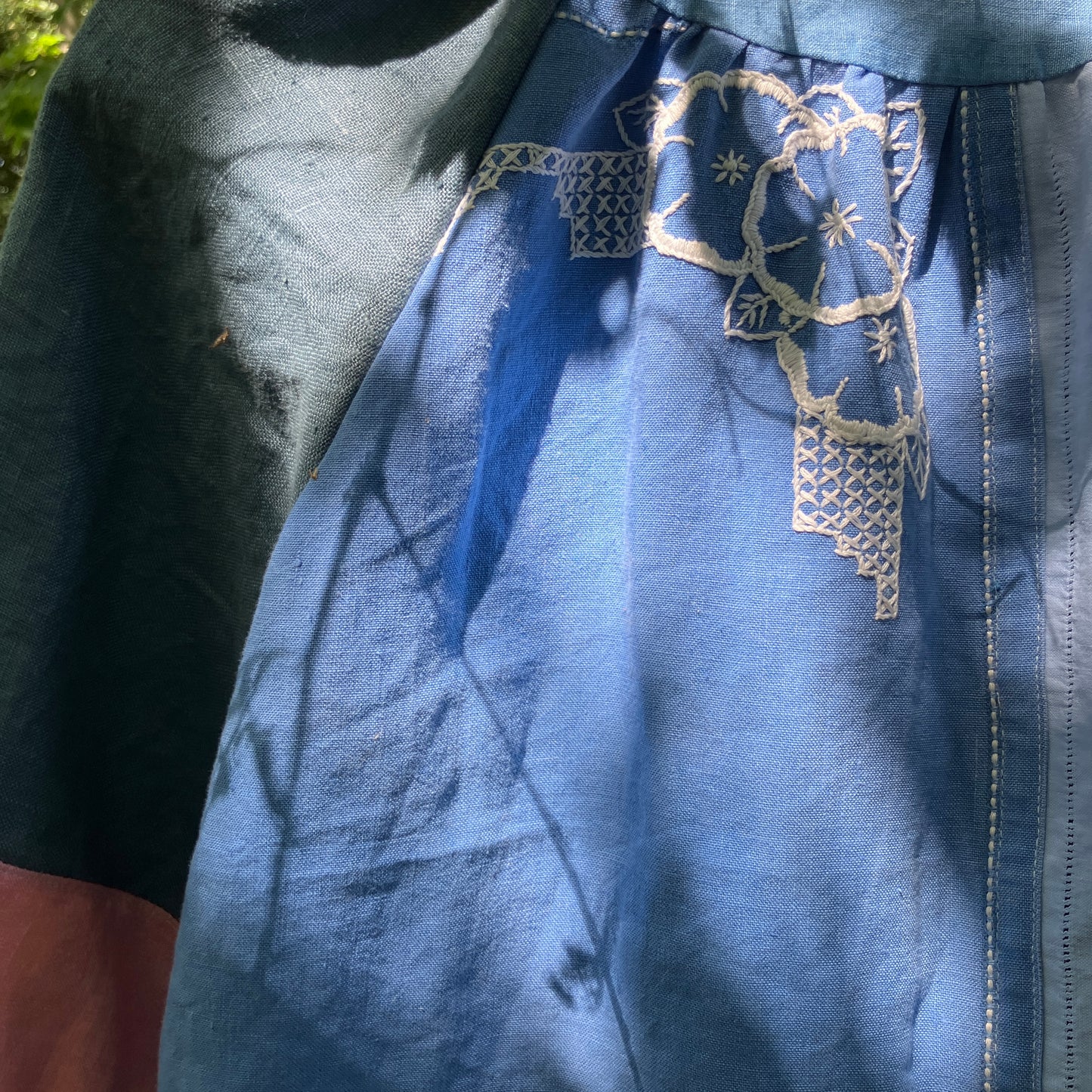 blue linen patchwork smock top with reclaimed wooden buttons
