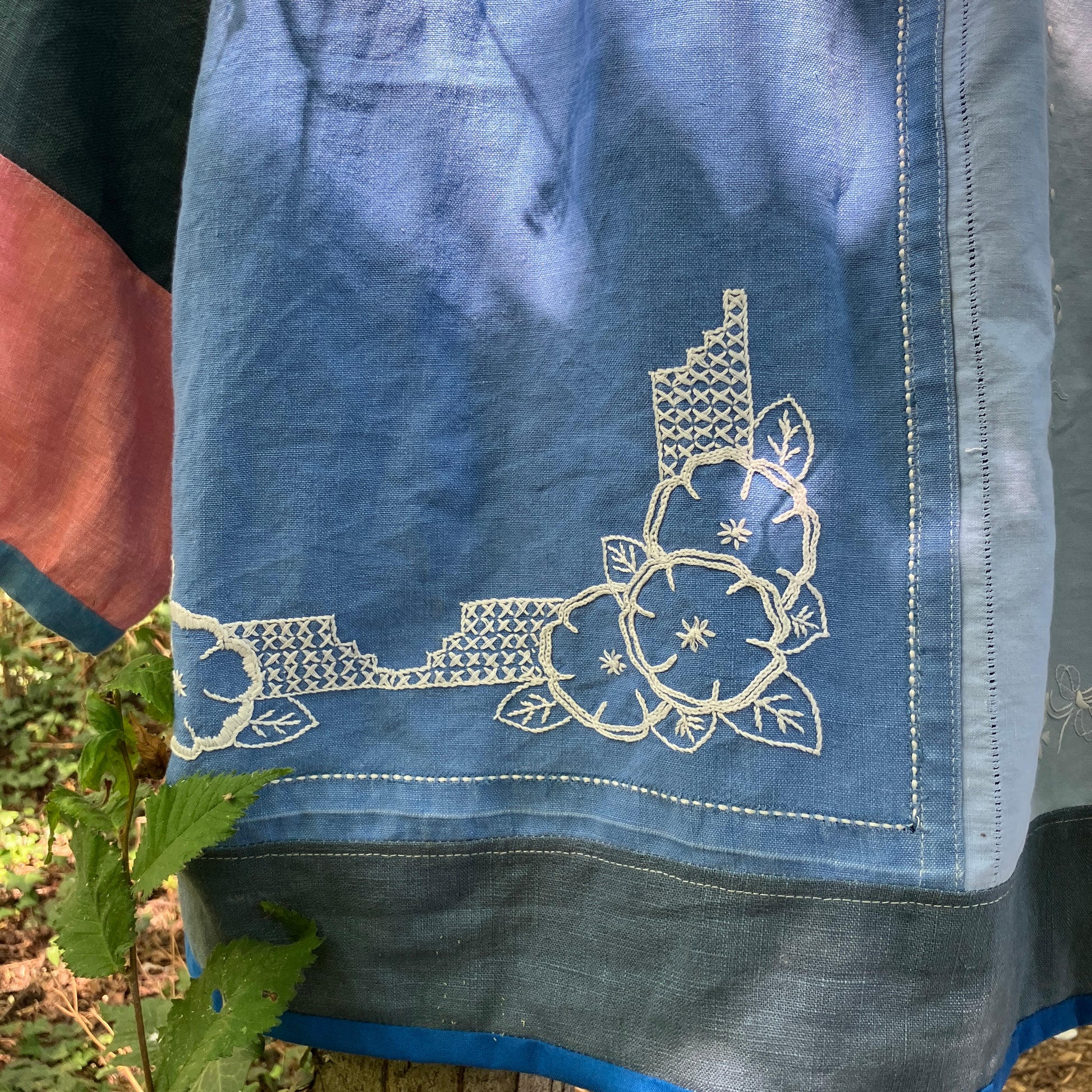 blue linen patchwork smock top with reclaimed wooden buttons