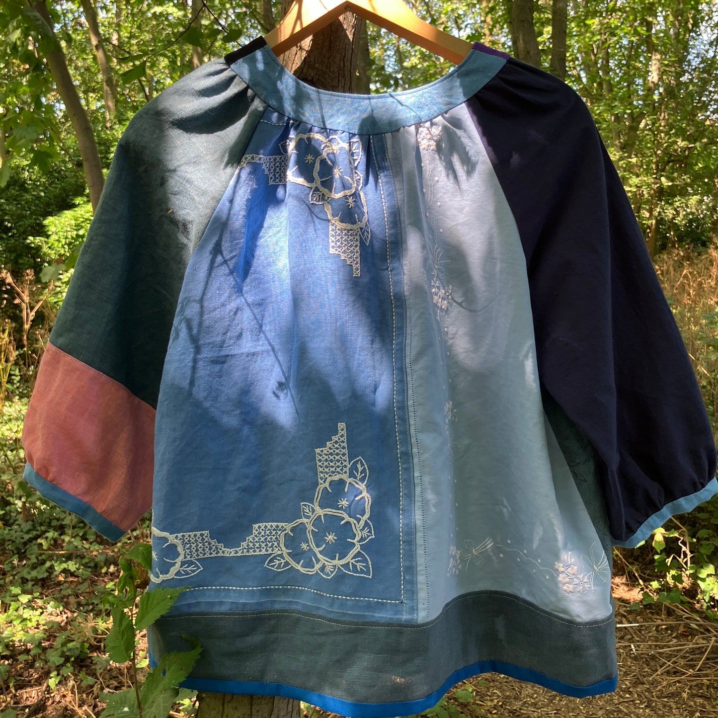 blue linen patchwork smock top with reclaimed wooden buttons