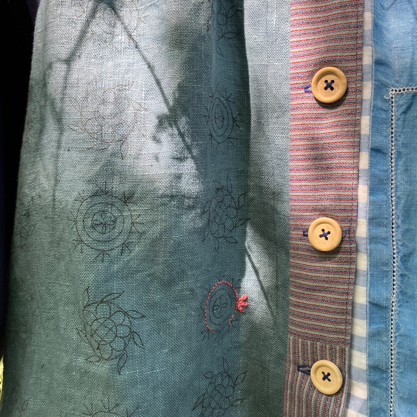 blue linen patchwork smock top with reclaimed wooden buttons
