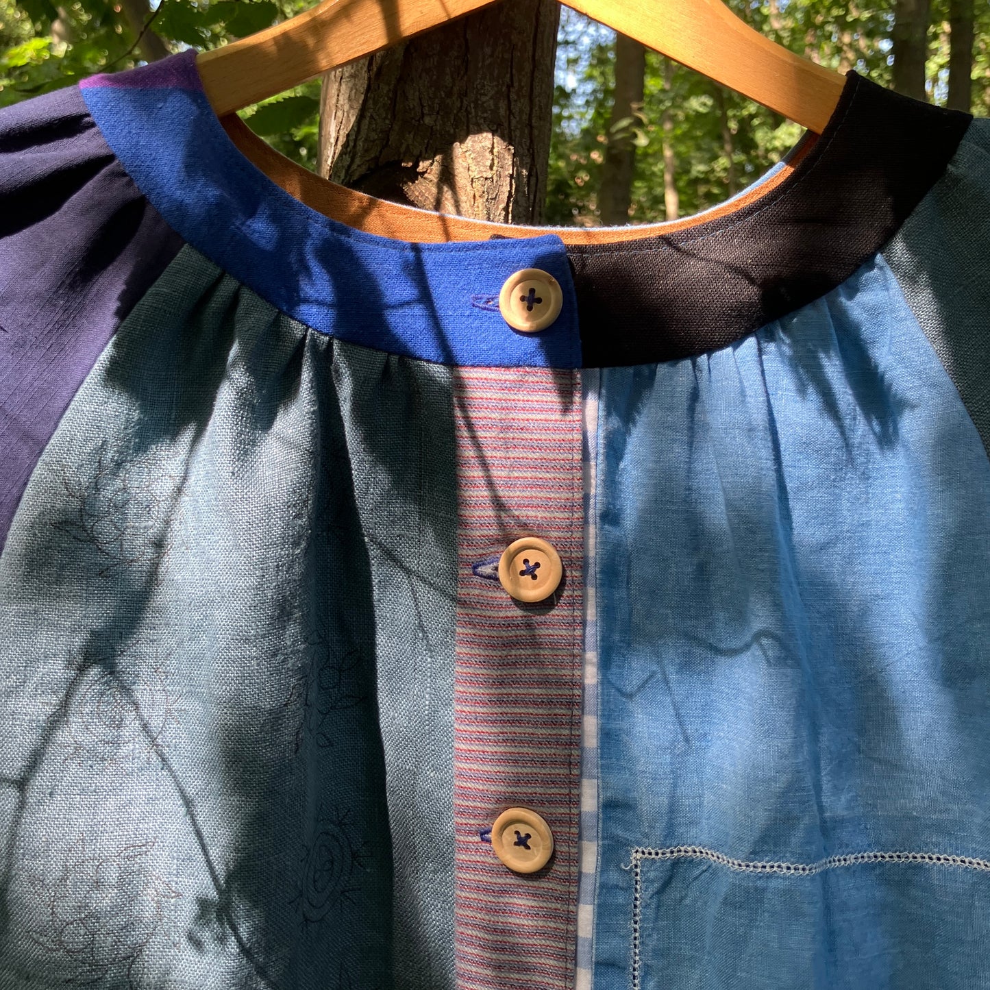 blue linen patchwork smock top with reclaimed wooden buttons