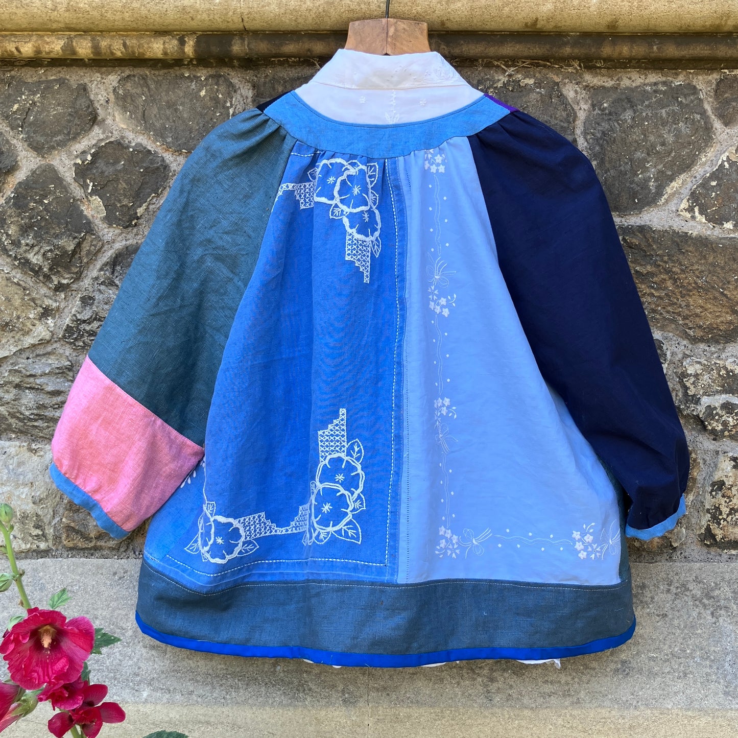 blue linen patchwork smock top with reclaimed wooden buttons