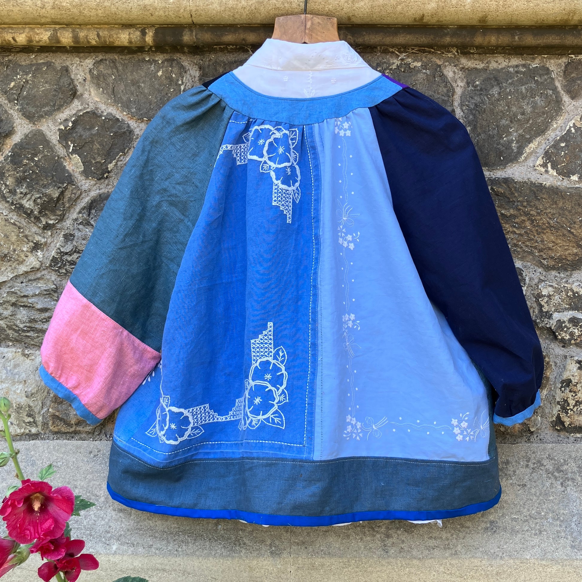 blue linen patchwork smock top with reclaimed wooden buttons