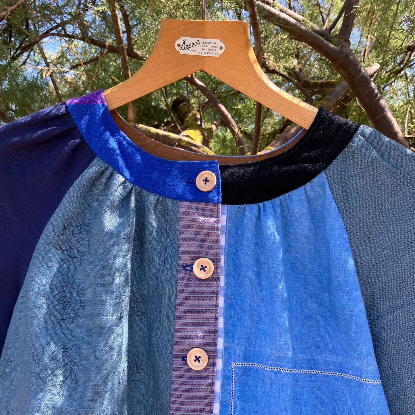 blue linen patchwork smock top with reclaimed wooden buttons