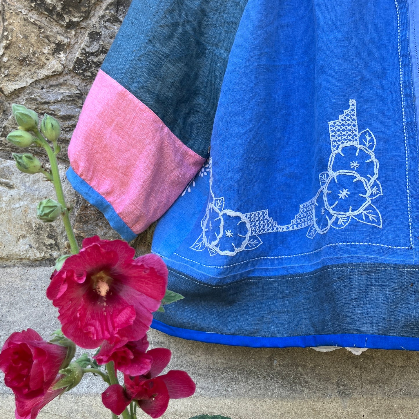 blue linen patchwork smock top with reclaimed wooden buttons